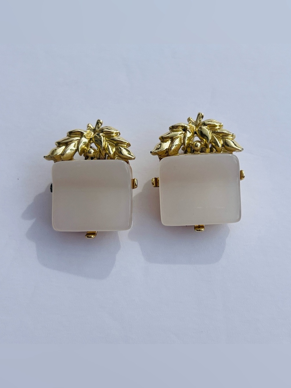 Vintage | Cream Lucite Clip-On Earrings | Gold Tone Floral Accent